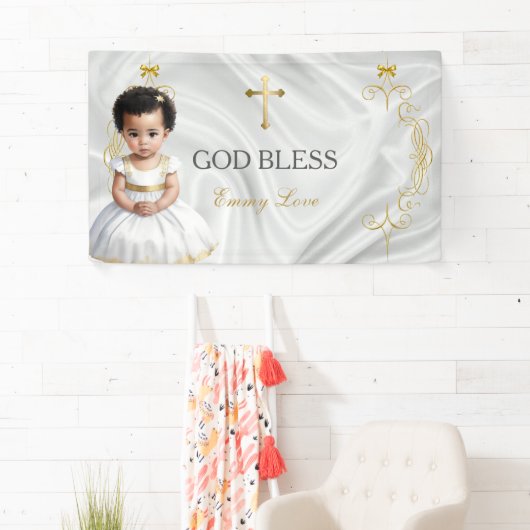 Baby Girl Baptism Christening Gold Cross Banner (Insitu)