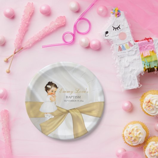 Baby Girl Baptism Christening Gold White Papieren Bordje (Feest)