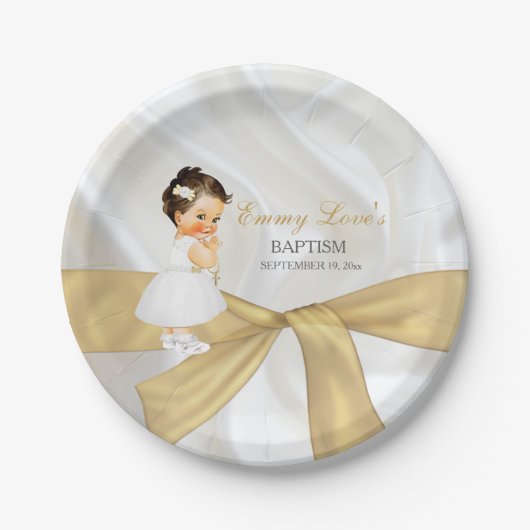 Baby Girl Baptism Christening Gold White Papieren Bordje (Voorkant)