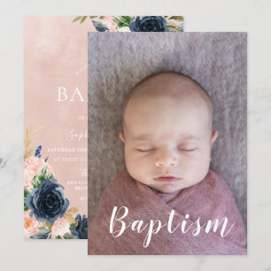 Baby Girl Baptism Christening Navy Blush Floral Kaart