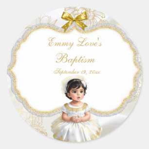 Baby Girl Baptism Christening White en Gold Ronde Sticker
