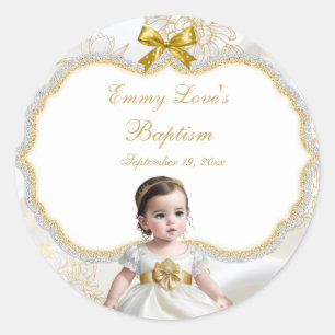 Baby Girl Baptism Christening White en Gold Ronde Sticker