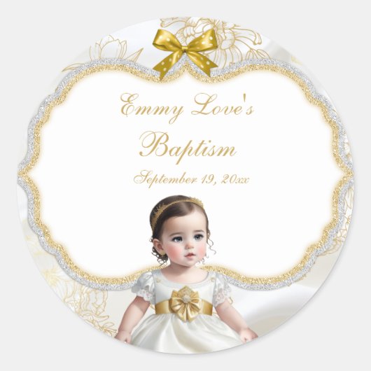 Baby Girl Baptism Christening White en Gold Ronde Sticker (Voorkant)