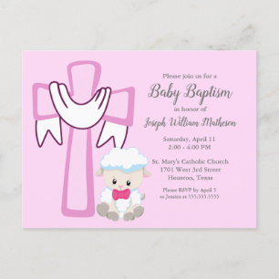 Baby Girl Baptism Little Lamb Cute Pink Invitation Briefkaart