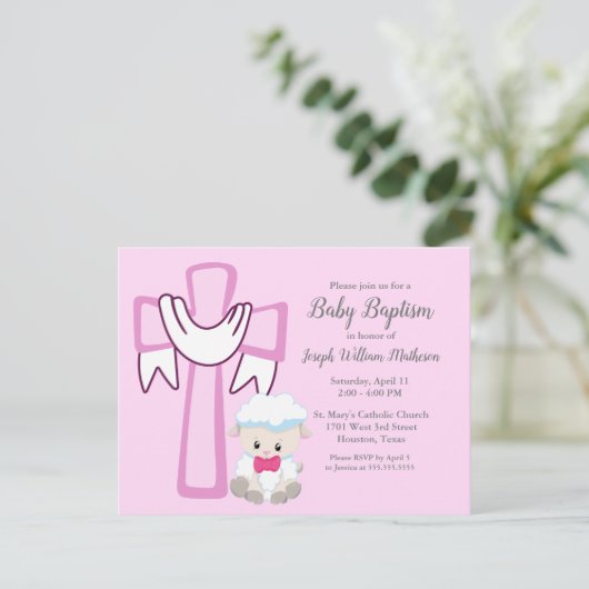 Baby Girl Baptism Little Lamb Cute Pink Invitation Briefkaart (Staand voorkant)
