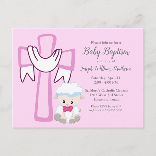 Baby Girl Baptism Little Lamb Cute Pink Invitation Briefkaart (Voorkant)