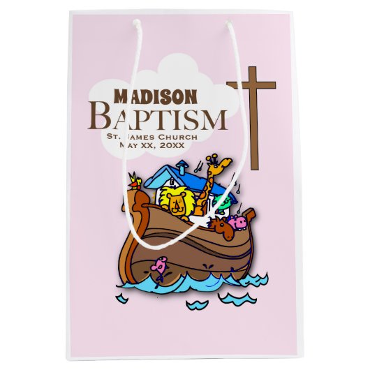 , Baby Girl Baptism Noah's Ark Medium Cadeauzakje (Voorkant)