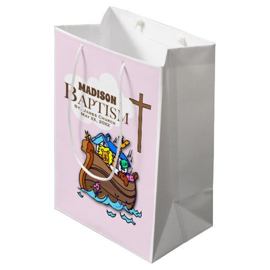 , Baby Girl Baptism Noah's Ark Medium Cadeauzakje (Voorkant Gekanteld)