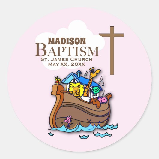 , Baby Girl Baptism Noah's Ark Ronde Sticker (Voorkant)