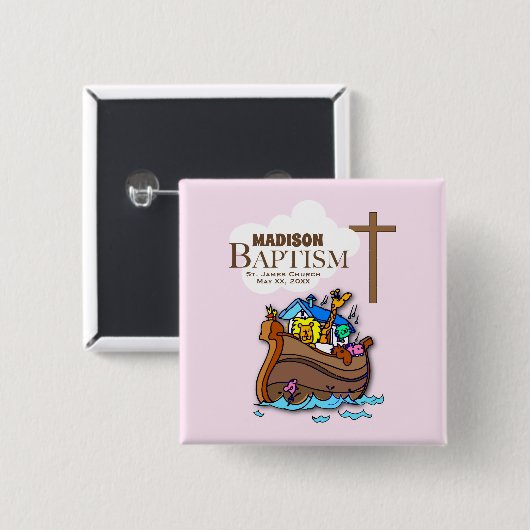 , Baby Girl Baptism Noah's Ark Vierkante Button 5,1 Cm (Voorkant /achterkant)