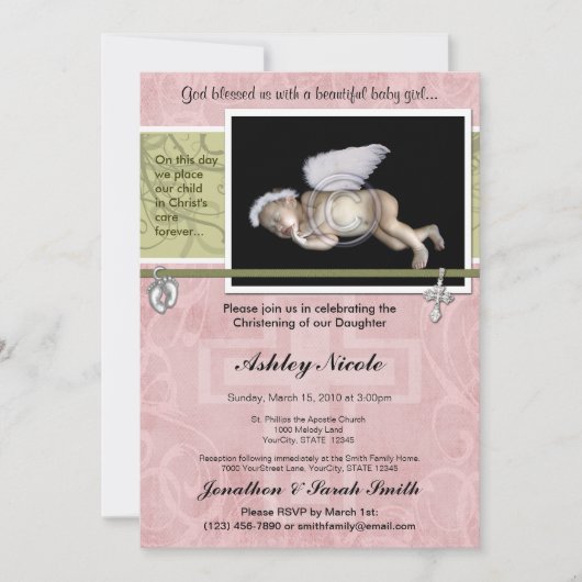 Baby Girl Baptism of Christening Invitation Kaart (Voorkant)