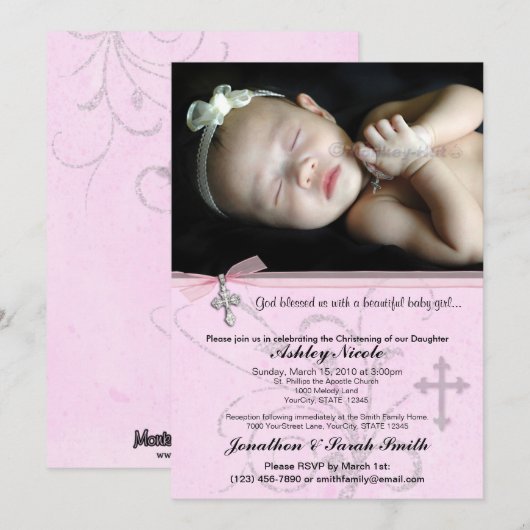 Baby Girl Baptism of Christening Invitation Kaart (Voorkant / Achterkant)