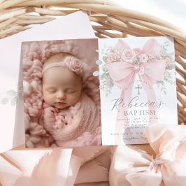 Baby Girl Baptism Photo Floral Eucalyptus Bow Kaart