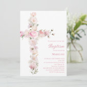 baby girl Baptism pink floral cross  Kaart (Staand voorkant)