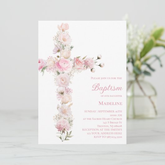baby girl Baptism pink floral cross  Kaart (Staand voorkant)