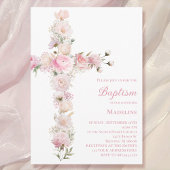 baby girl Baptism pink floral cross  Kaart