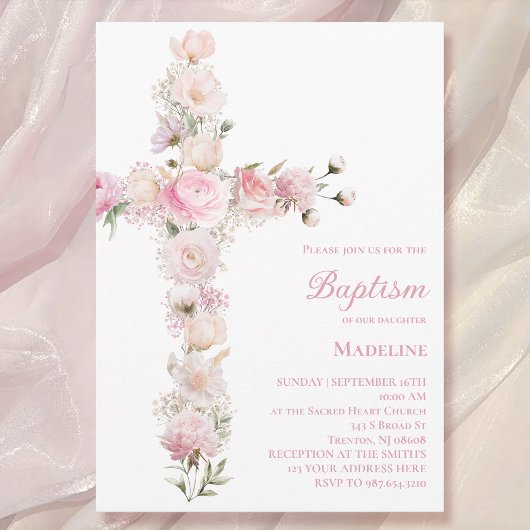 baby girl Baptism pink floral cross  Kaart
