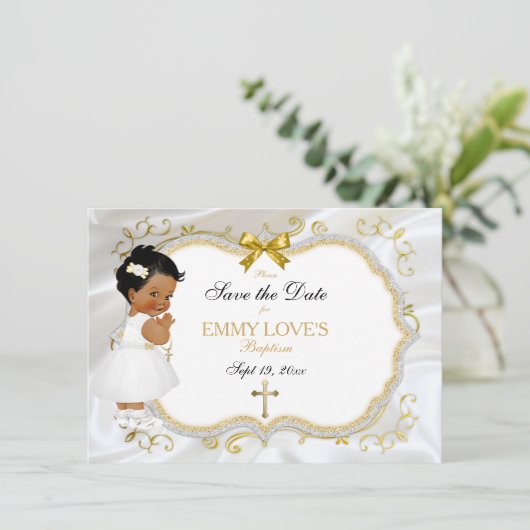 Baby Girl Baptisme Save Date White Cross Save The Date (Staand voorkant)