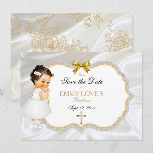 Baby Girl Baptisme Save Date White Cross Save The Date (Voorkant / Achterkant)