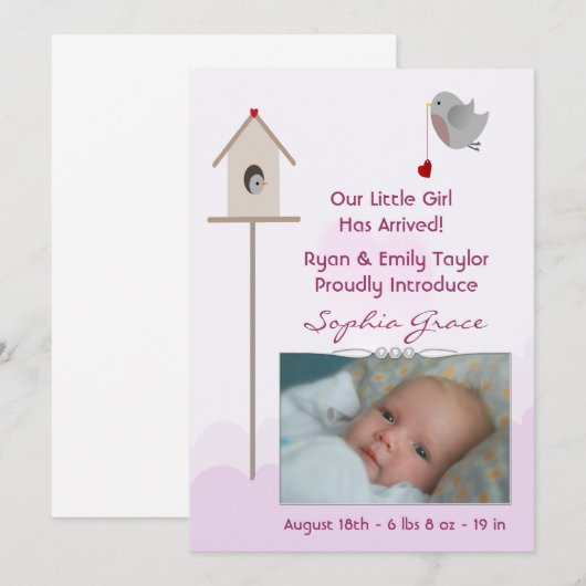 Baby Girl Birdsnest Foto Aankondigingen van de geb (Voorkant / Achterkant)