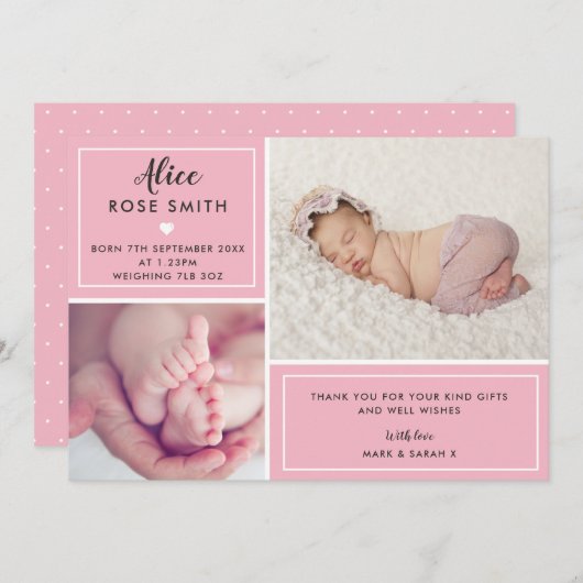 Baby Girl Birth Aankondiging Multi Photo (Voorkant / Achterkant)