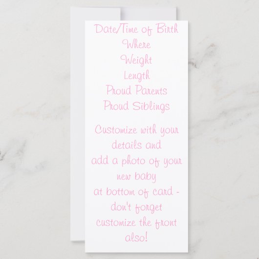 Baby Girl Birth Announcement Bladwijzer Keepsakes (Achterkant)