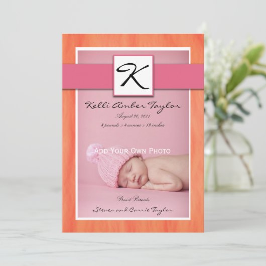 Baby Girl Birth Announcement Roze Sinaasappel Aankondiging (Staand voorkant)