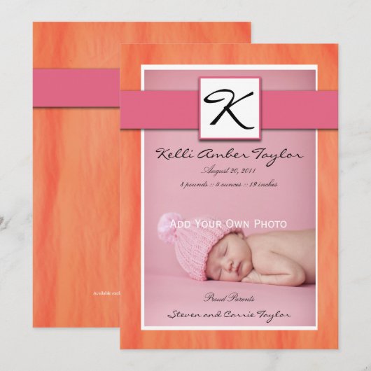 Baby Girl Birth Announcement Roze Sinaasappel Aankondiging (Voorkant / Achterkant)