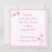 Baby Girl Birth kondiging Aankondiging (Achterkant)