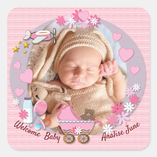 Baby Girl Birth kondiging Vierkante Sticker (Voorkant)