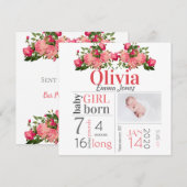 Baby Girl Birth Stat Aankondiging Roze Floral Kaar (Voorkant / Achterkant)