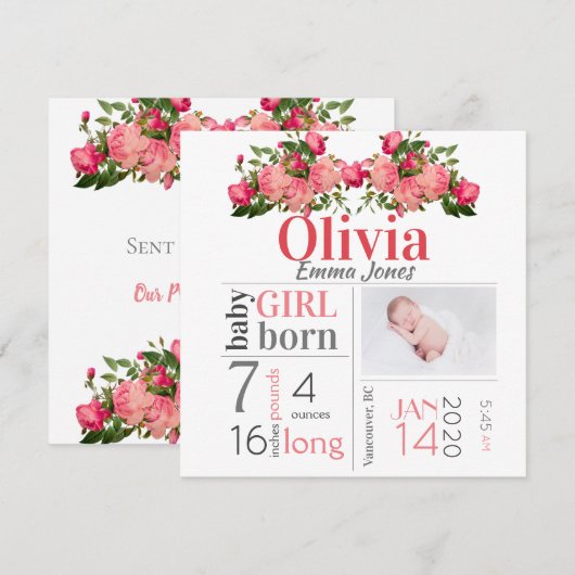 Baby Girl Birth Stat Aankondiging Roze Floral Kaar (Voorkant / Achterkant)