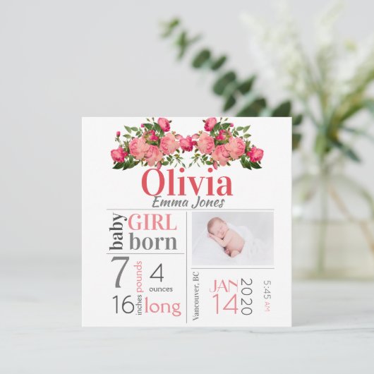 Baby Girl Birth Stat Aankondiging Roze Floral Kaar (Staand voorkant)