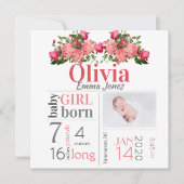 Baby Girl Birth Stat Aankondiging Roze Floral Kaar (Voorkant)