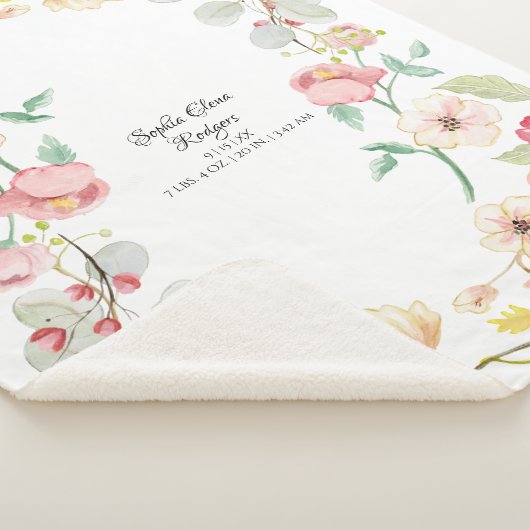 Baby Girl Birth Stats Blush Pink Modern Floral Art Sherpa Deken (3/4)