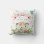 Baby Girl Birth Stats Cute Elephant Kussen (Voorkant)