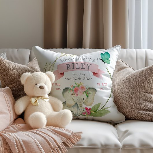 Baby Girl Birth Stats Cute Elephant Kussen