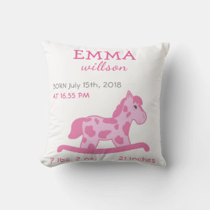 Baby Girl Birth Stats Cute Pink Rocking Horse Kussen