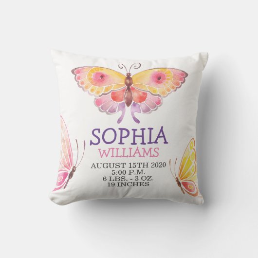 Baby Girl Birth Stats Gold Cute Butterfly Kussen (Voorkant)