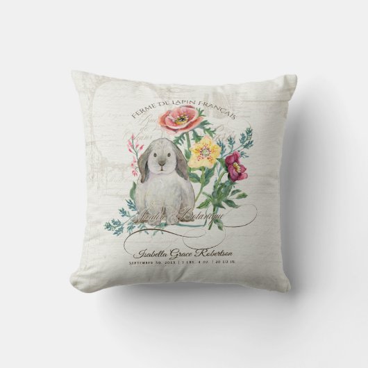 Baby Girl Birth Stats Name Nursery Floral Rabbit Kussen (Voorkant)