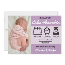 Baby Girl Birth Stats Paarse aankondiging