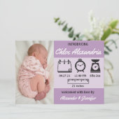 Baby Girl Birth Stats Paarse aankondiging (Staand voorkant)