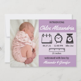 Baby Girl Birth Stats Paarse aankondiging