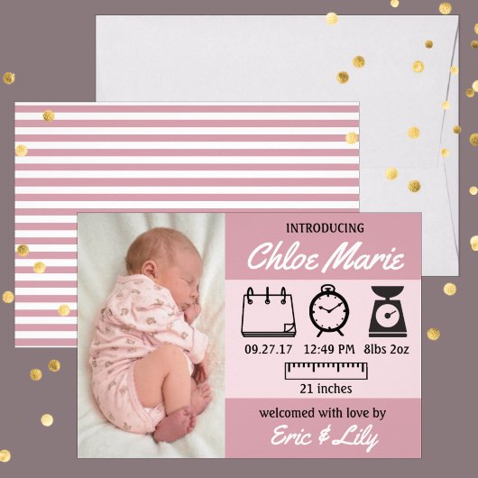 Baby Girl Birth Stats Pink Aankondiging