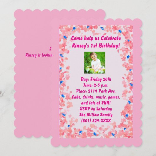 Baby Girl Birthday Invitation Kaart (Voorkant / Achterkant)
