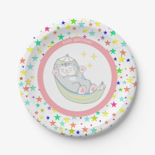 Baby Girl Birthday Kitty Cat & Multicolored Stars Papieren Bordje