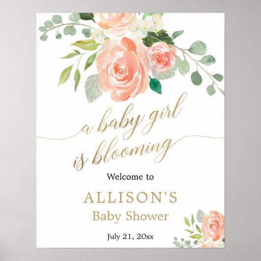Baby girl bloeit perzikbloemen welkomstteken poster (Voorkant)