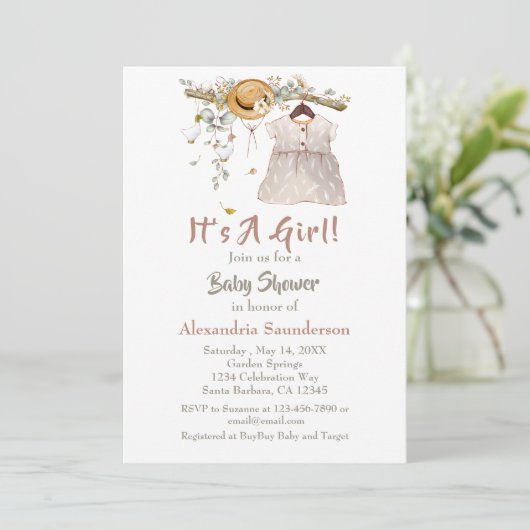 Baby Girl Boho Greenery Rustic Uitnodiging (Staand voorkant)