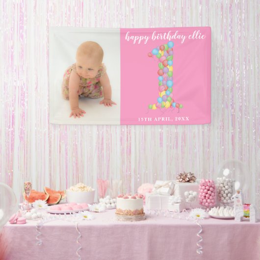 Baby Girl Boy 1st Birthday Balloons Nummer Een Spandoek (Feest)