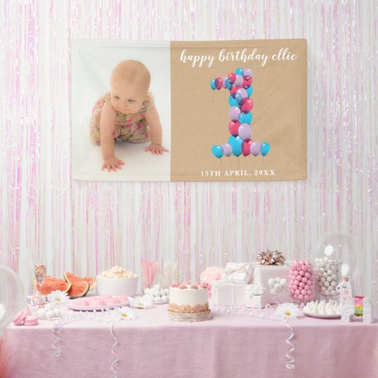 Baby Girl Boy 1st Birthday Balloons Nummer Een Spandoek (Feest)